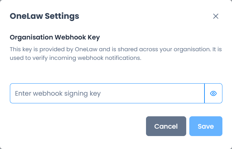 Quillio OneLaw Settings window showing the empty Organisation Webhook Key field, with text explaining the key is shared across the organisation and used to verify incoming webhook notifications.