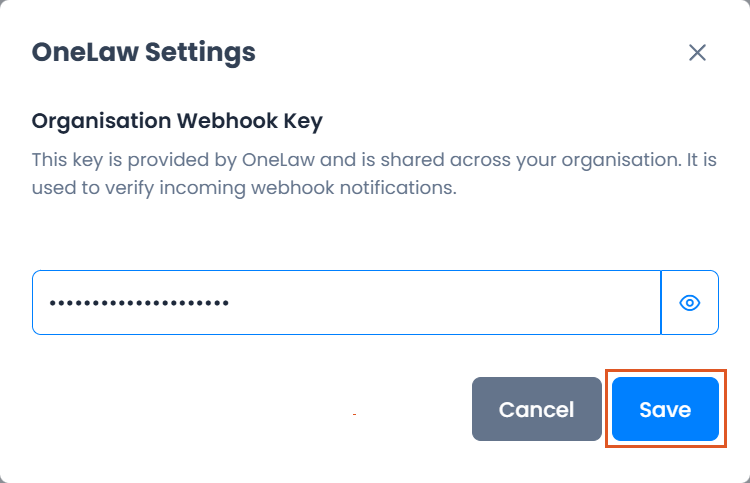 Quillio OneLaw Settings window with a value entered in the masked Organisation Webhook Key field and the Save button highlighted.