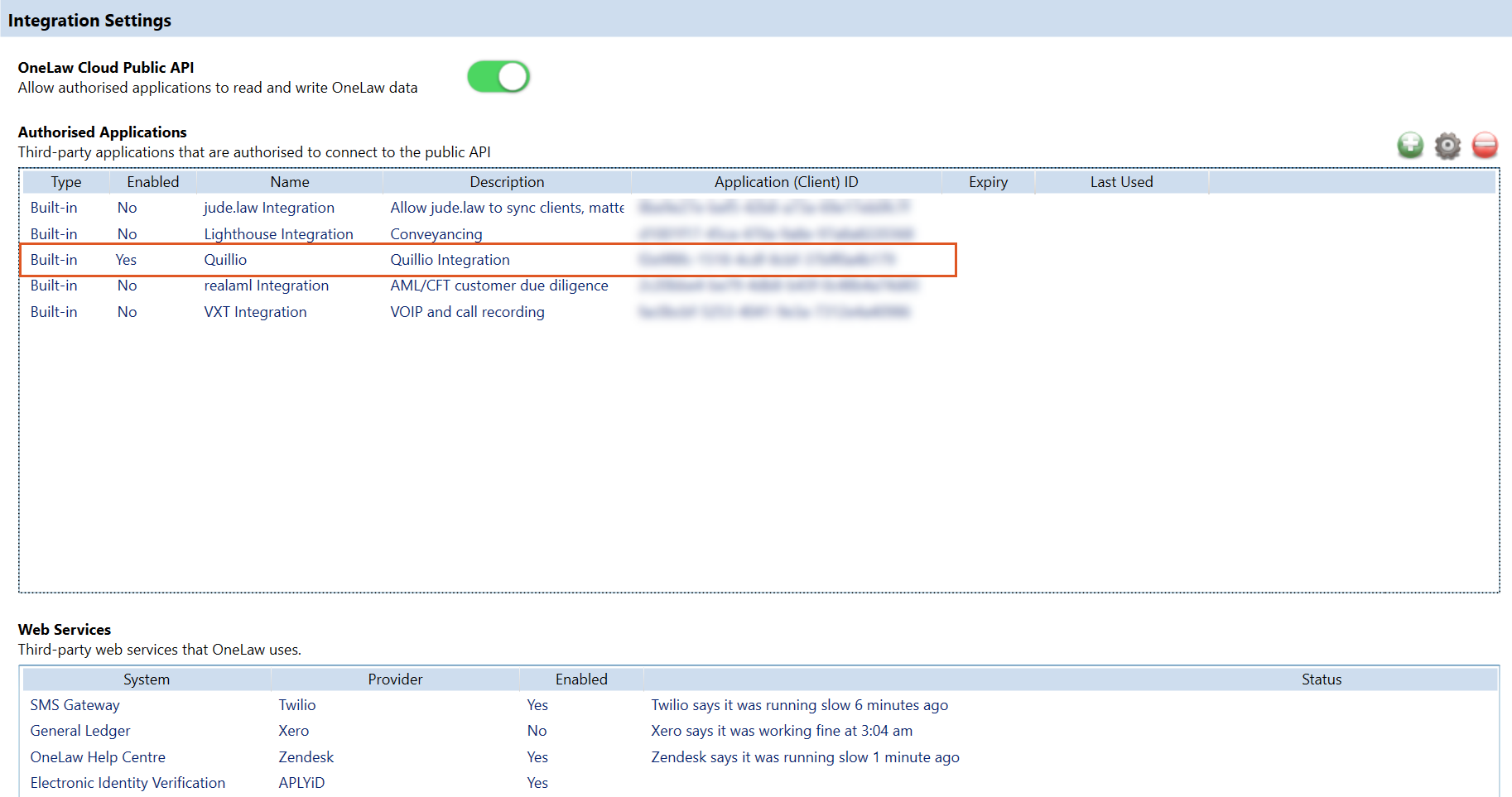 Integration Settings screen showing the Quillio Integration row in the Authorised Applications table.