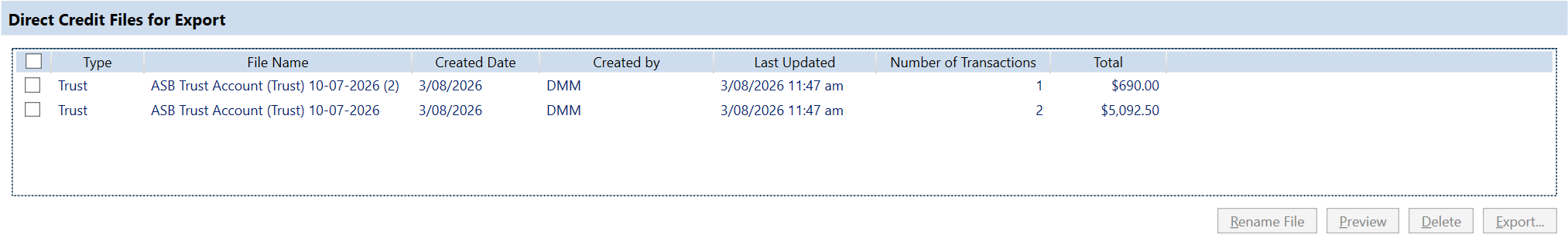 The Direct Credit Files for Export screen, listing draft files across columns for Type, File Name, Created Date, Created by, Last Updated, Number of Transactions and Total, with a checkbox beside each file for selecting which to export.