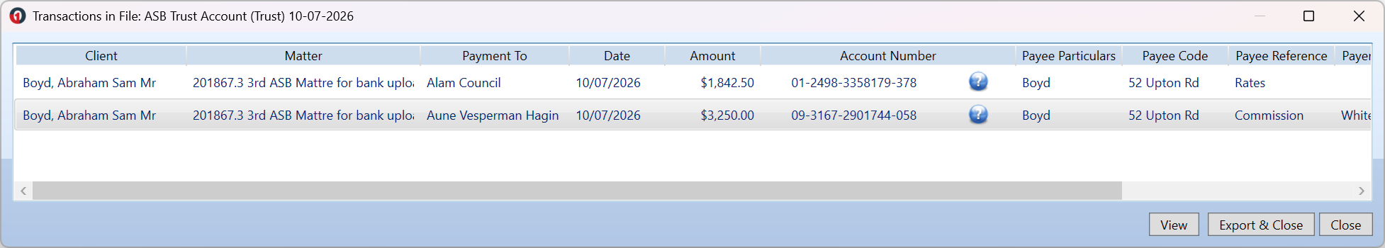 The Transactions in File window, listing the transactions in the selected file across columns including Client, Matter, Payment To, Date, Amount and Account Number, with View, Export & Close and Close buttons.
