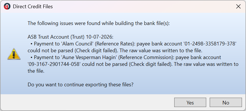 The Direct Credit Files message listing the transactions whose bank account numbers could not be validated (Check digit failed) and asking whether to continue exporting, with Yes and No buttons.