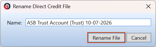The Rename Direct Credit File window, showing the file's current name in an editable field, with the Rename File button highlighted.