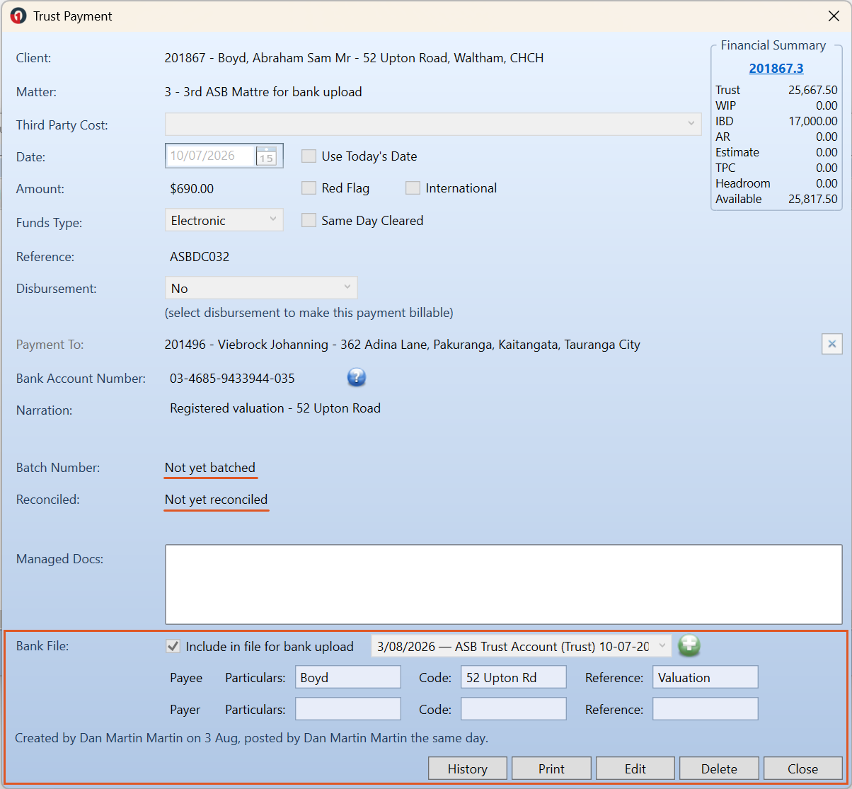 Trust Payment window showing a saved payment, with the Bank File section highlighted: the Include in file for bank upload checkbox, the direct credit file the payment belongs to, and the Payee Particulars, Code and Reference fields. The History, Print, Edit, Delete and Close buttons appear along the bottom.
