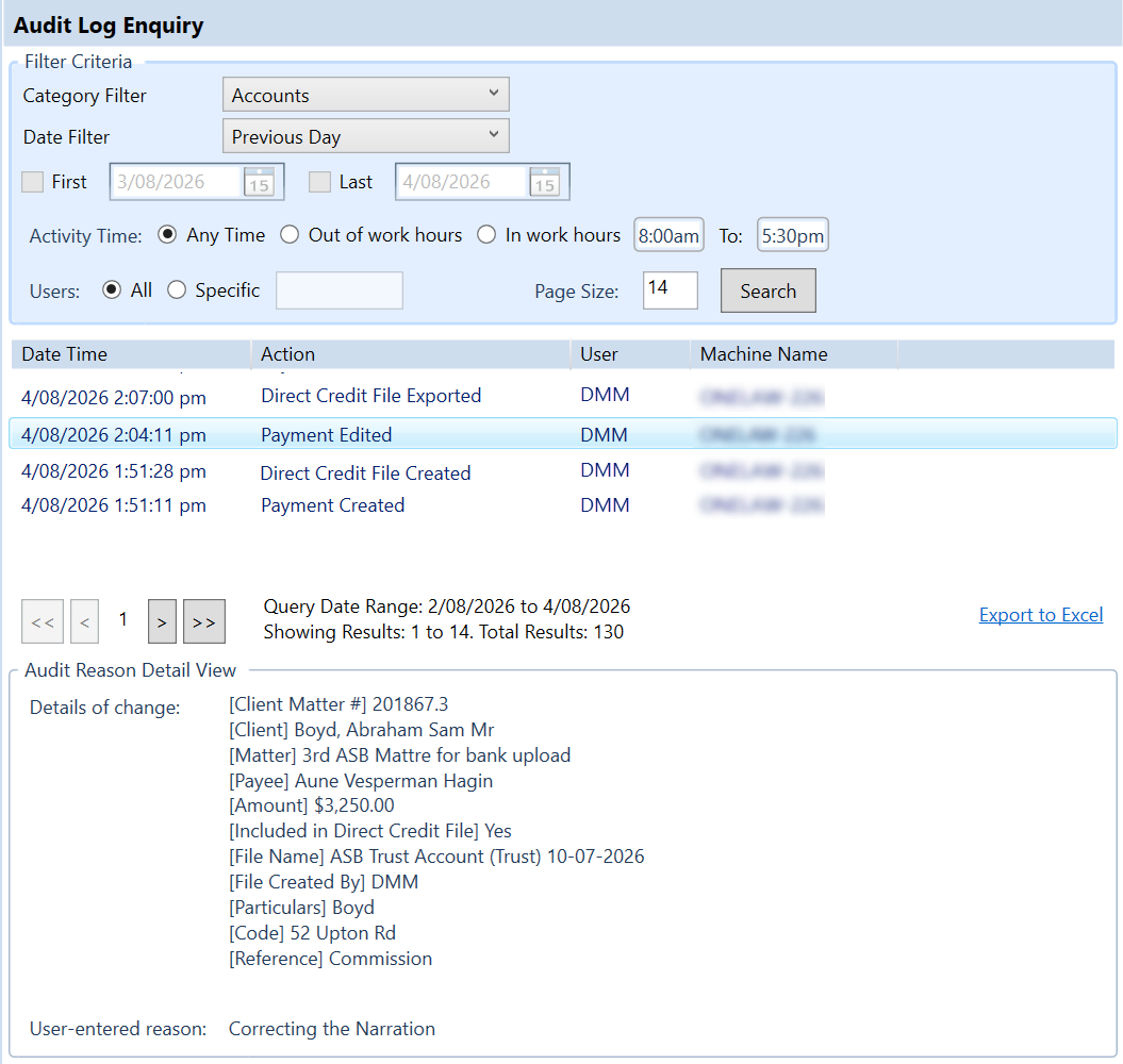 Audit Log Enquiry window filtered to the Accounts category, listing Direct Credit File Exported, Payment Edited, Direct Credit File Created and Payment Created events. The selected Payment Edited row shows its bank-file details in the Audit Reason Detail View below, including Included in Direct Credit File Yes, File Name, File Created By, Particulars, Code and Reference, plus the user-entered reason.
