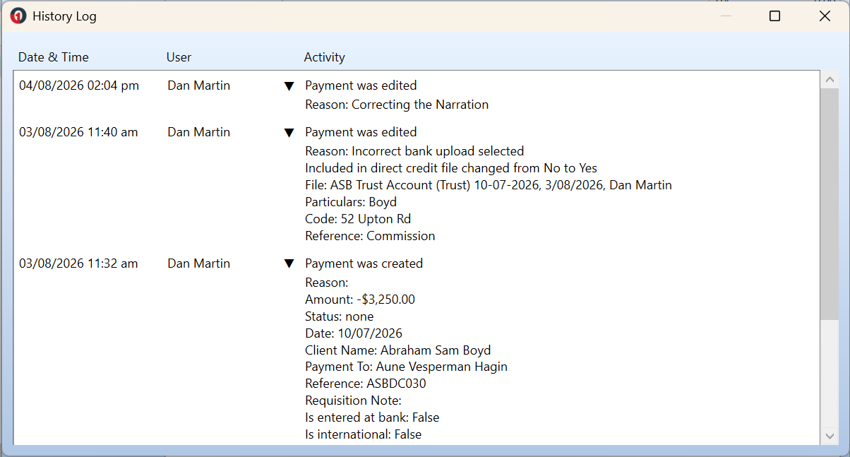 History Log for a Trust payment with its events expanded. The edit event shows the bank-file details, including that Included in direct credit file changed from No to Yes, the file name and created-by, and the Particulars, Code and Reference.