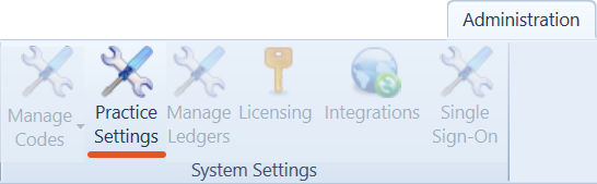 Administration tab on the OneLaw navigation ribbon, showing the System Settings group with Practice Settings highlighted.