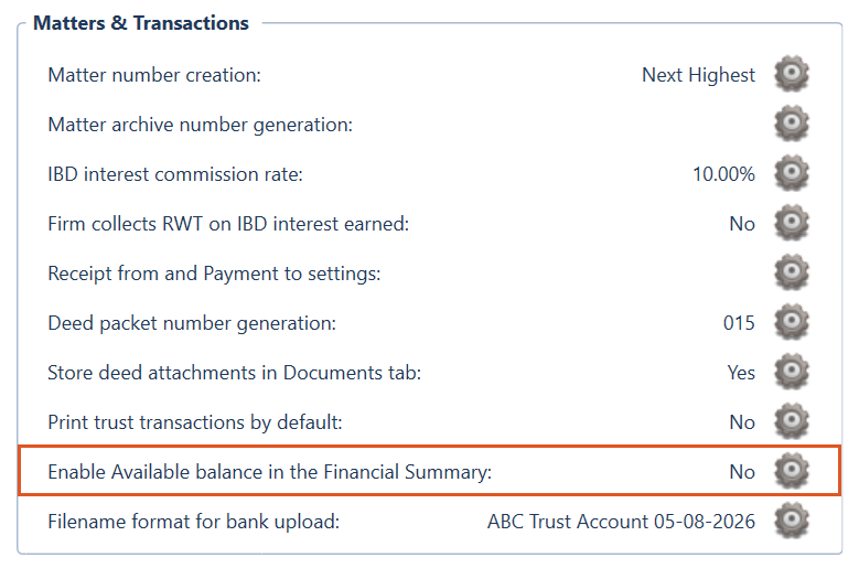 The Matters & Transactions group in the Practice Settings window, with the Enable Available balance in the Financial Summary setting and its settings cog highlighted.