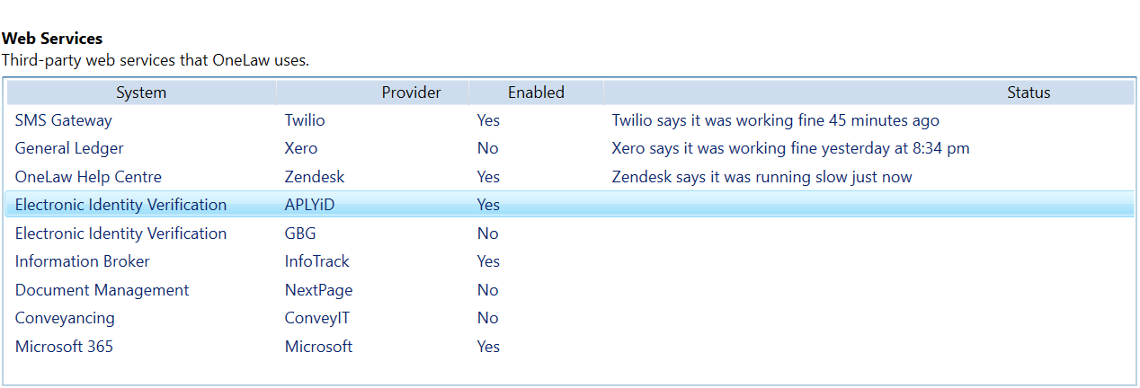 The Integrations Settings page in OneLaw, showing the Web Services section with the APLYiD row that is double-clicked to open the APLYiD Configuration screen.