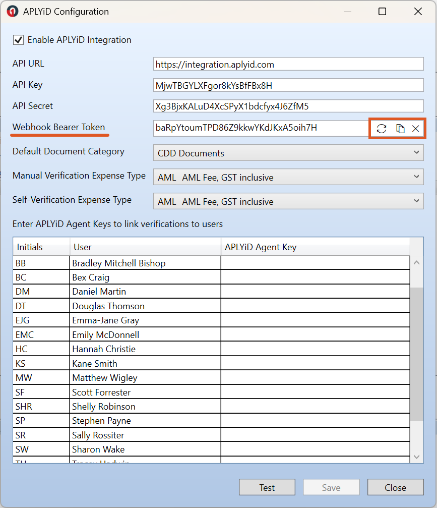 The APLYiD Configuration screen in OneLaw, showing the Webhook Bearer Token field with the refresh and copy icons beside it.