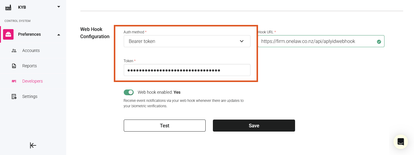 The Web Hook Configuration section in the APLYiD portal, with the Auth method set to Bearer token and the Token field highlighted, where the token copied from OneLaw is pasted.