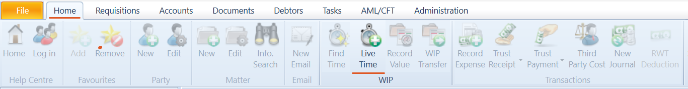 The OneLaw Home tab ribbon, showing the Live Time button in the WIP group.