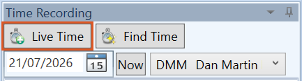 The top of the Time Recording Calendar, showing the Live Time and Find Time buttons above the date selector.