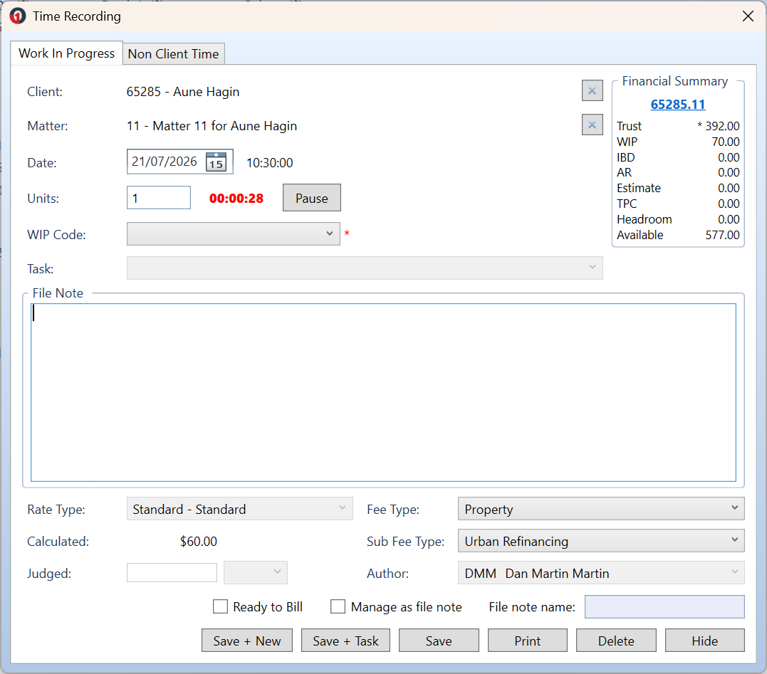 A new Time Recording window on the Work in Progress tab, with the timer running and the Client, Matter, Units, WIP Code, and File Note fields ready to complete.
