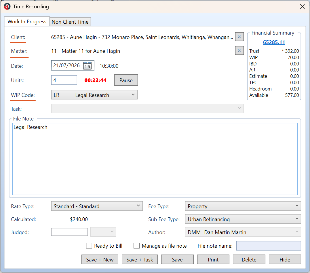 A reopened Time Recording window with the Client, Matter, WIP Code, and File Note completed, ready to save.