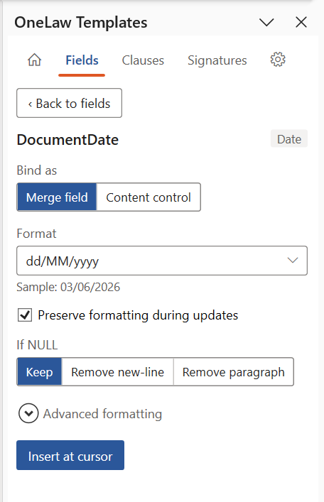 The Fields tab insert options for the DocumentDate field, with Bind as set to Merge field, a date Format, Preserve formatting during updates, and the If NULL options.