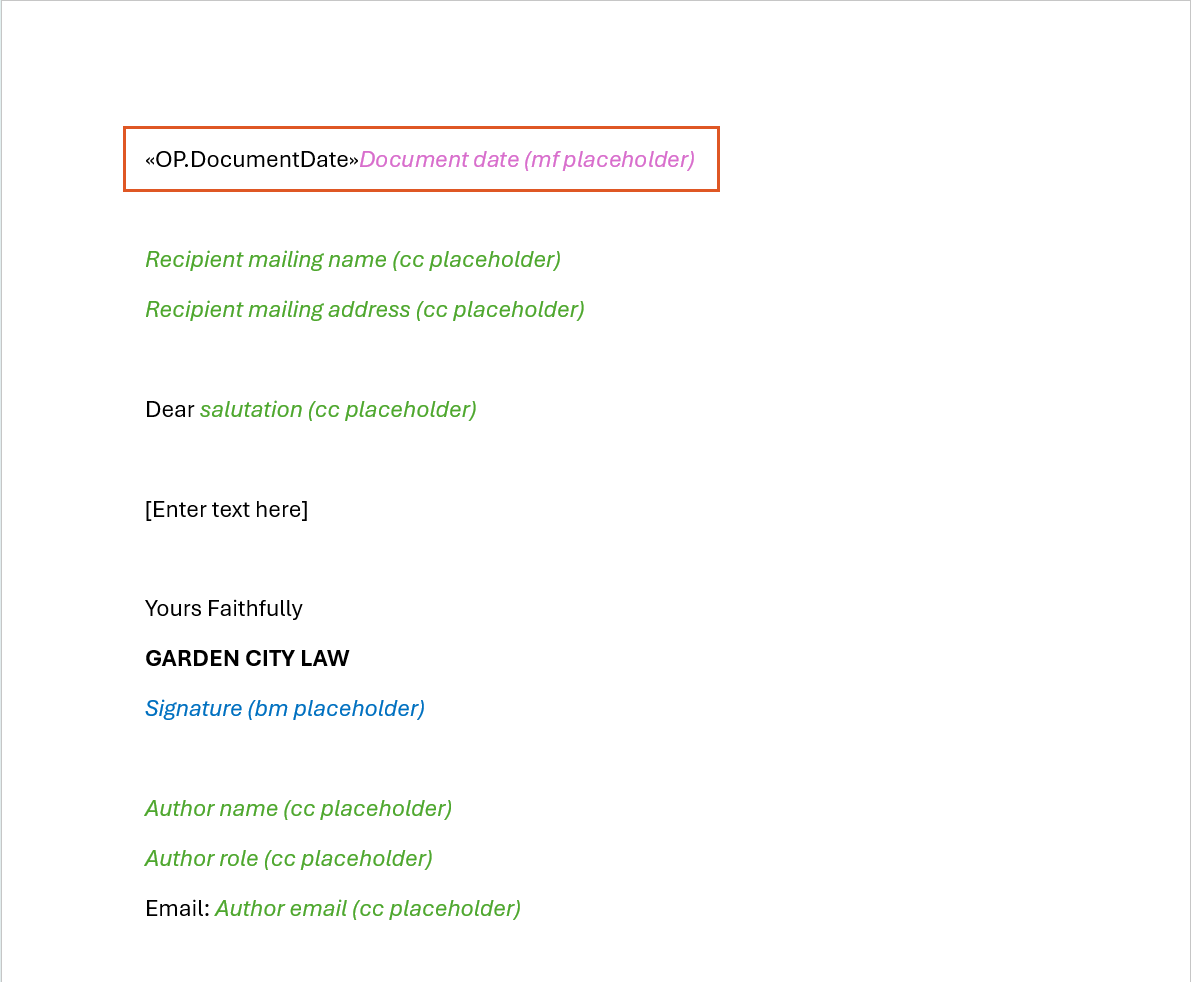 A precedent showing its placeholders, with the inserted merge field «OP.DocumentDate» for the document date highlighted; below are content control placeholders for the recipient name and address, salutation and author details, and a bookmark placeholder for the signature.