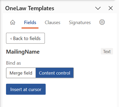 The Fields tab insert options for the MailingName field, with Bind as set to Content control and the Insert at cursor button.