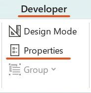 Word's Developer tab with the Properties button highlighted, next to Design Mode and Group.
