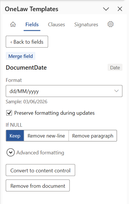 The Fields tab edit options for the DocumentDate field, including the Convert to content control and Remove from document buttons
