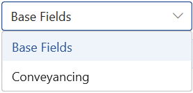 The Fields tab source dropdown open, showing Base Fields and the Conveyancing InfoSheet as sources.