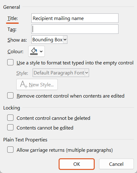 Word's Content Control Properties window with the Title field highlighted and set to "Recipient mailing name", and the OK button highlighted.
