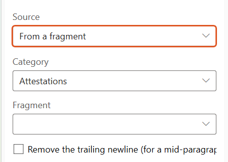 The Insert OA INCLUDE panel with the Source dropdown set to From a fragment, showing the Category and Fragment dropdowns beneath it. The Source dropdown is highlighted.