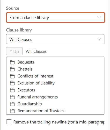 The Insert OA INCLUDE panel with the Source set to From a clause library, showing the Clause library dropdown and the folders in the Will Clauses library, with the Up button and breadcrumb for navigating folders. The Source dropdown is highlighted.