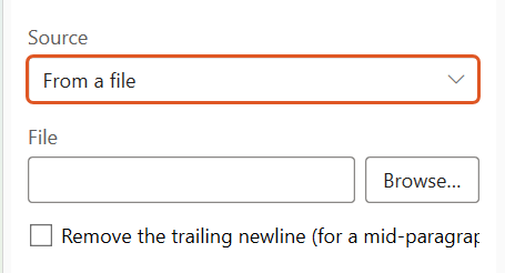 The Insert OA INCLUDE panel with the Source set to From a file, showing the File field and the Browse button. The Source dropdown is highlighted.