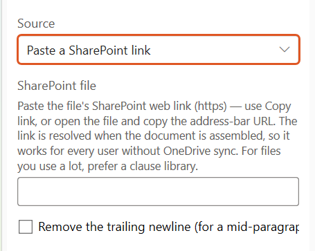 The Insert OA INCLUDE panel with the Source set to Paste a SharePoint link, showing the SharePoint file field and the guidance on pasting the file's SharePoint web link. The Source dropdown is highlighted.