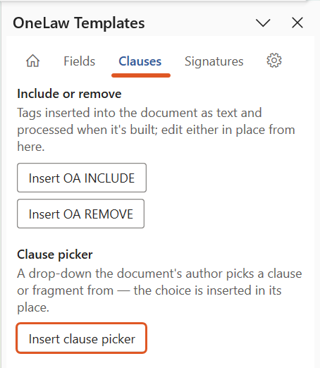 The OneLaw Templates panel on the Clauses tab with Insert clause picker highlighted under the Clause picker section.