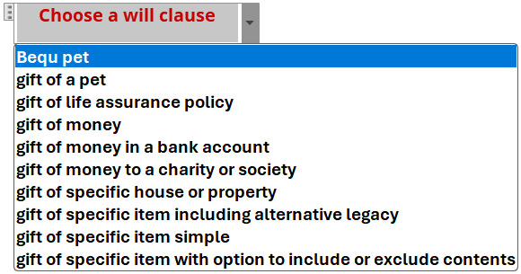An assembled document showing the inserted clause picker as a dropdown titled "Choose a will clause", opened to list the clauses in the Bequests folder for the fee-earner to choose from.