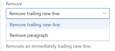 The Insert OA REMOVE panel with the Remove dropdown open, showing the two modes: Remove trailing new-line and Remove paragraph.
