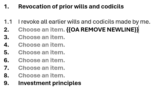 A precedent showing the inserted OA REMOVE tag as text next to the "Select the Executor clause" clause picker.