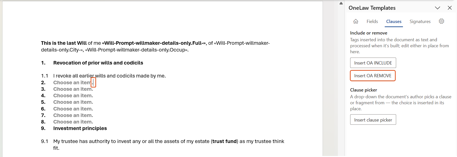 A precedent open in Word alongside the OneLaw Templates panel on the Clauses tab, with the cursor placed after a clause picker and Insert OA REMOVE highlighted in the Include or remove section.