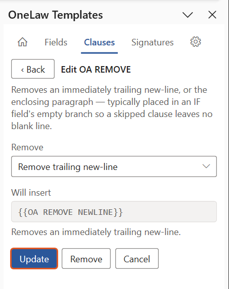 The Edit OA REMOVE panel reopened on the Clauses tab, showing the Remove dropdown, the Will insert preview, and the Update, Remove, and Cancel buttons, with Update highlighted.