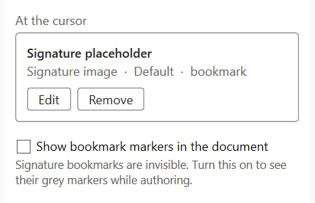 The Signatures tab At the cursor card for a Signature placeholder, reading "Signature image · Default · bookmark", with Edit and Remove buttons.