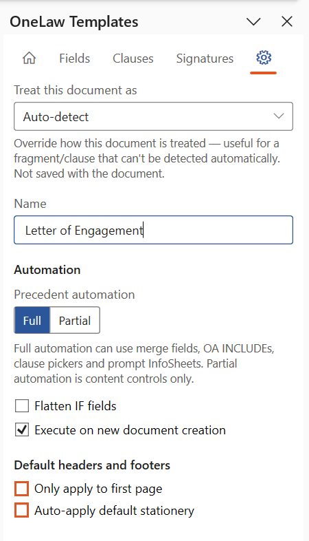 The Settings tab of the OneLaw Templates panel, showing Precedent automation set to Full, the Flatten IF fields checkbox, and the Default headers and footers checkboxes.
