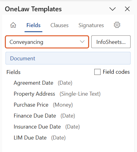 Fields tab of the OneLaw Templates panel with the source dropdown set to Conveyancing and highlighted, listing the InfoSheet's six fields: Agreement Date, Property Address, Purchase Price, Finance Due Date, Insurance Due Date, and LIM Due Date.