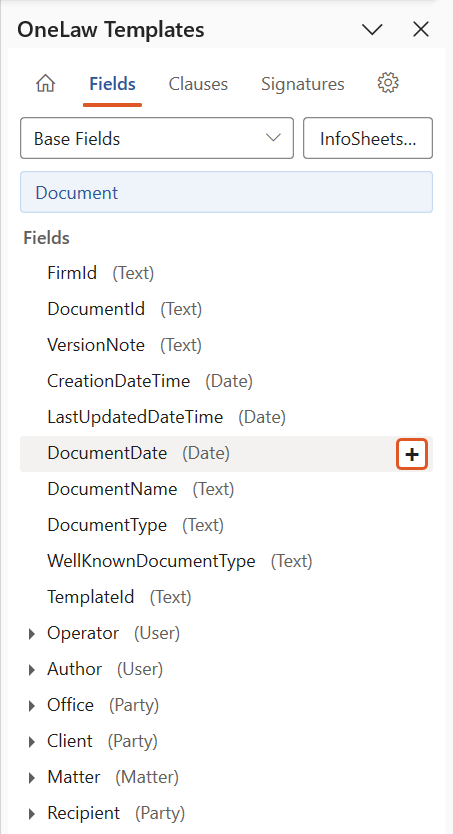 Fields tab of the OneLaw Templates panel with the source dropdown set to Base Fields, listing the Document fields. The plus button beside DocumentDate is highlighted.