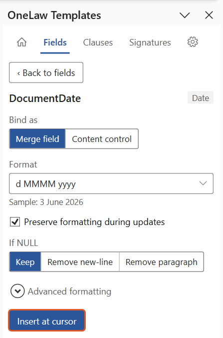 Insert options for the DocumentDate field on the Fields tab, with Bind as set to Merge field and Format set to d MMMM yyyy, showing a sample of 3 June 2026. Preserve formatting during updates is ticked and If NULL is set to Keep. Insert at cursor is highlighted.